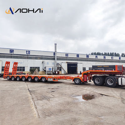 7-axle Stretchable Liftable 70-ton Gooseneck Low Flatbed Semi-trailer with Hydraulic Tailboard